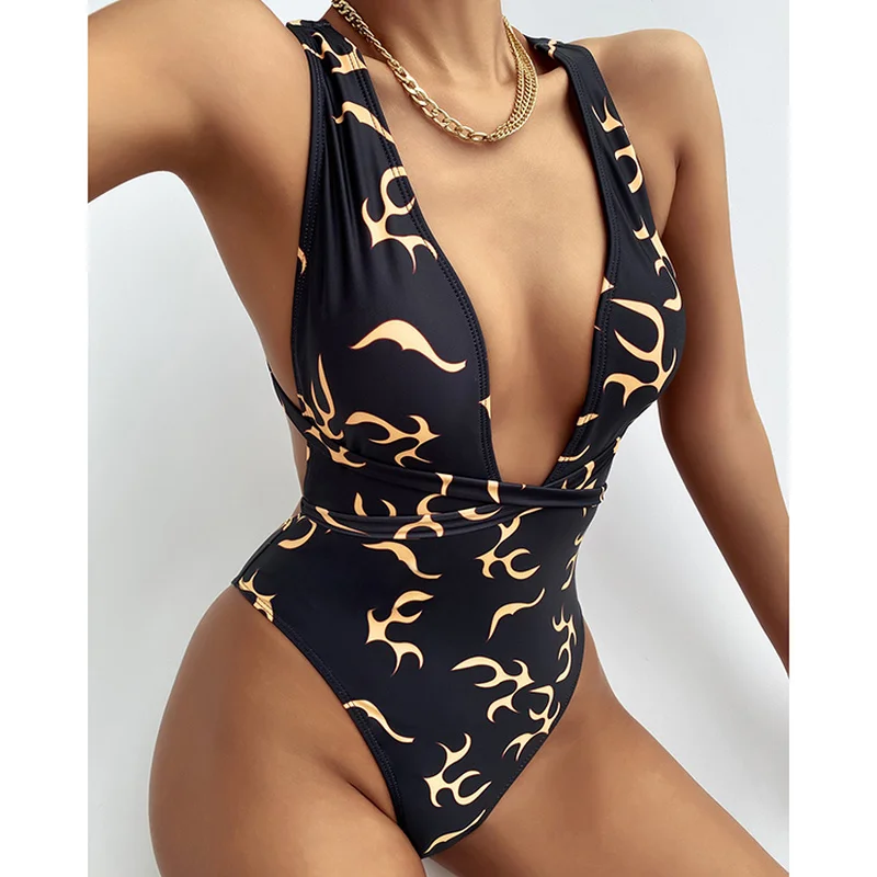 

Fire Print Monokini Plunge Swimwear Women Deep V Neck Bathing Suit Sexy One Piece Swimsuit Bandage Trikini Beachwear Bather 2022