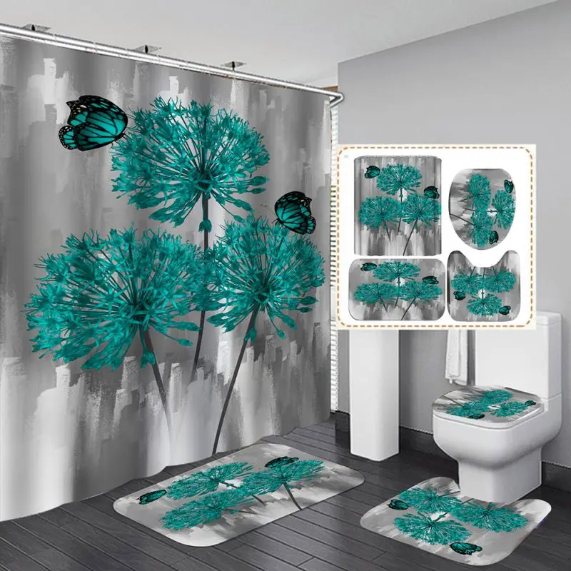 

4 PCS Christmas 3D Flower Digital Printing Shower Curtain Non-Slip Bath Mat Rug Sets Toilet Cover Bathroom Decor 180*180cm