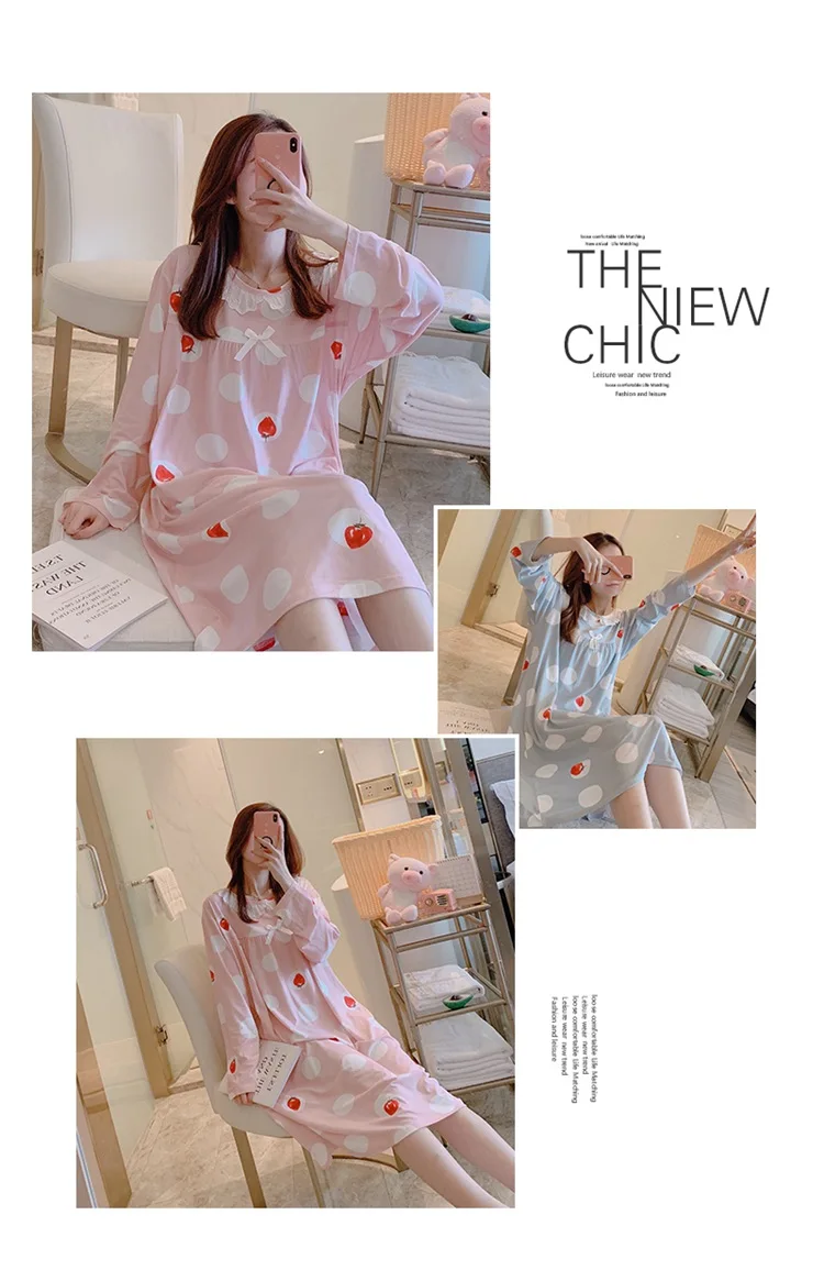 Spring Autumn Casual Plaid Cotton Nightgowns for Women Long Sleeve Loose Night Dress Home Dress Sleepwear Nightdress Nighty