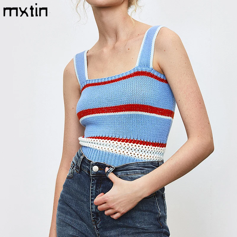 

MXTIN 2021 женские модные милые полосатые укороченные трикотажные майки винтажные Женские повседневные шикарные топы с открытой спиной на тонк...