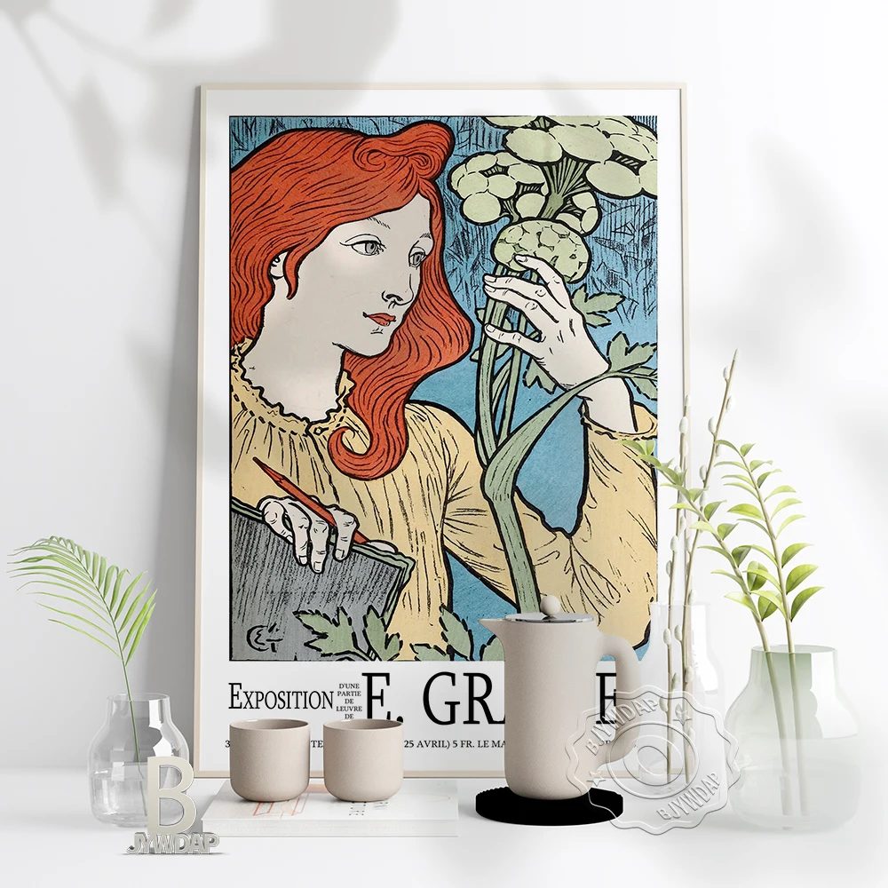 

Grasset Exhibition Museum Poster, Grasset Red Hair Woman Observes And Record Plants Art Prints, Vintage French Wall Home Decor