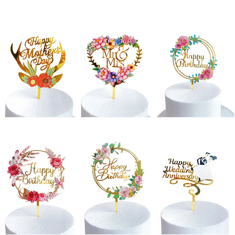 

Flowers Acrylic Happy Birthday Cake Topper Wedding Decoration Happy Anniversary Cupcake Toppers Baby Shower Birthday Supplies