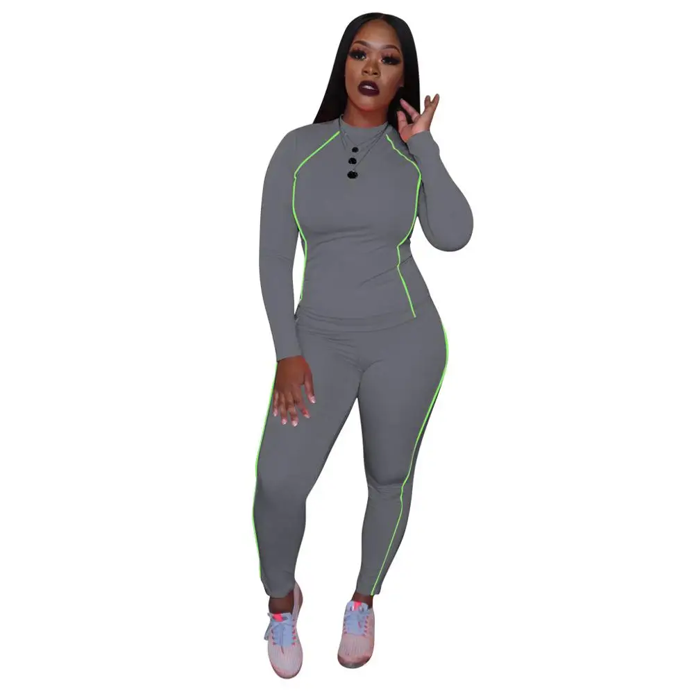 gray 2 piece set Adogirl флуоресцентная отделка сплошной Досуг комплект из двух предметов женский спортивный костюм футболка с длинным рукавом верхний Карандаш Брюки Женская спортивная одежда - Цвет: gray 2 piece set
