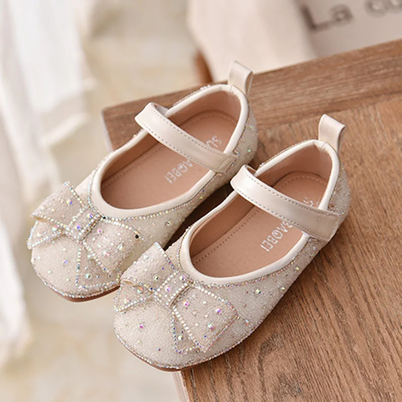 

Summer Girls Dancing Shoes Children Flats Kids Dress Shoes Bling Glitter Leather Beef Tendon Shoes for Party Princess Bow-Knot
