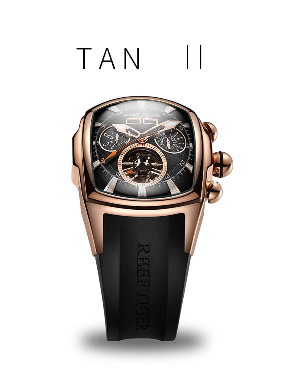 Топ бренд Reef Tiger Reloj Hombre Роскошные Tourbillon циферблат автоматические часы с резиновым ремешком механические водонепроницаемые мужские часы даты Relogio Masculino+ подарок