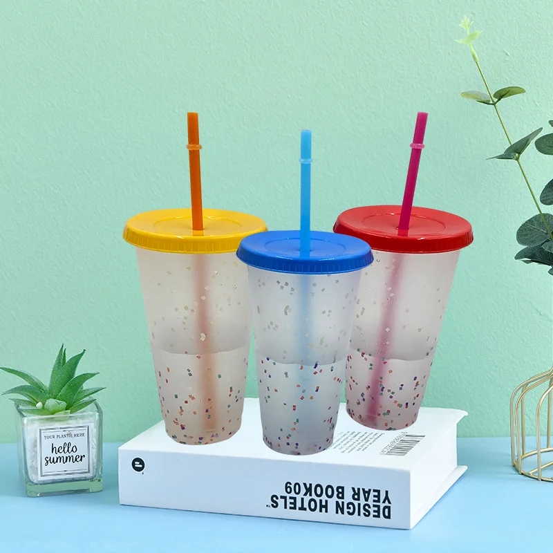 700ml Temperature Color Change Cups Magical Confetti Reusable Plastic With Lid And Straw Cup For Cold Drinks Accessories New | Дом и сад