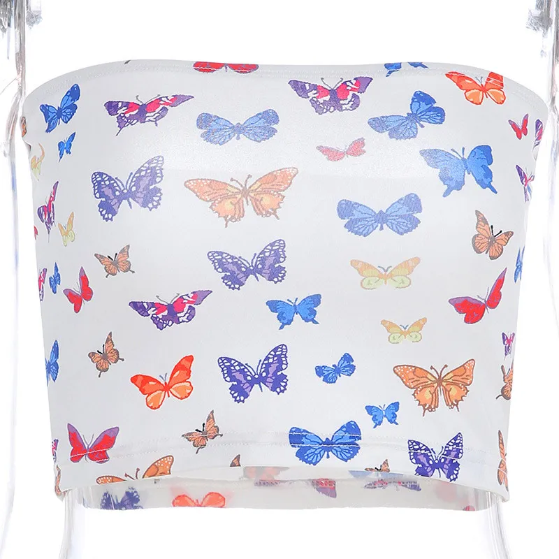 Женский Короткий Топ без бретелек с принтом бабочек облегающий кроп для лета