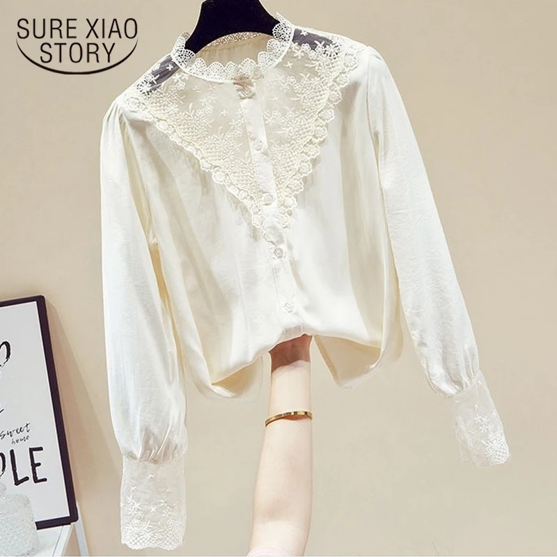 

2021 Spring New French Vintage Blusas Hollow Out Lace Stitching Bottoming Blouse Women's Long Sleeve Cotton Shirt Sweet 13121