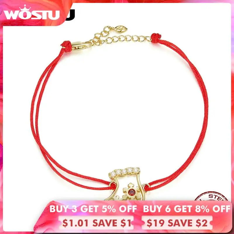 

WOSTU 925 Sterling Silver Christmas Stocking Adjustable Bracelet Red Rope Link Chain Mean Luck For Women Gift Jewelry CQB225