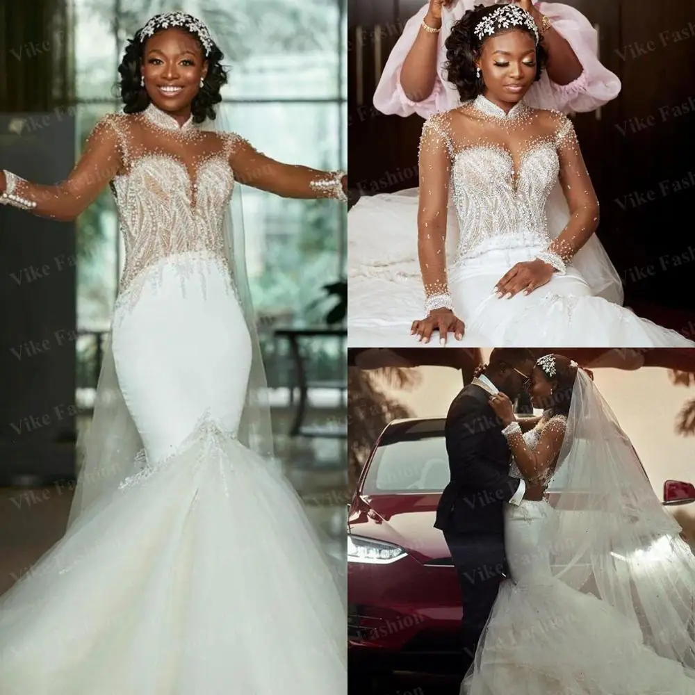 

African High Neck Mermaid Wedding Dresses Lace Satin Beaded Long Sleeve Wedding Dress Sweep Train Customize Vestidos De Novia