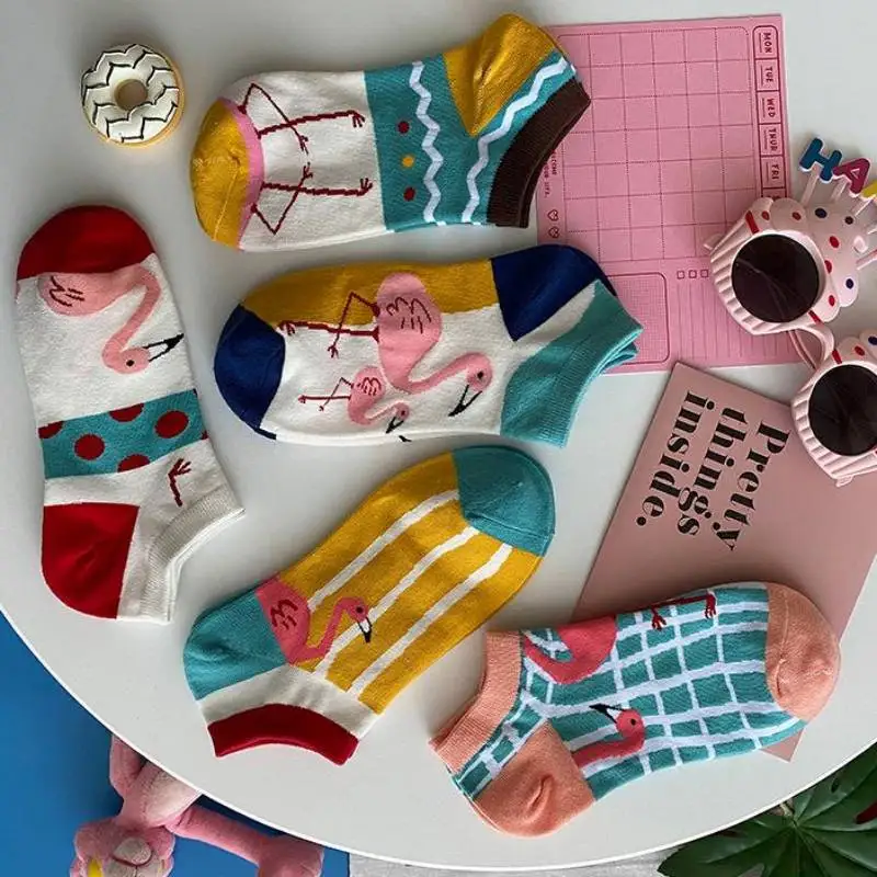 

3 Pairs/Lot Summer Thin Socks girls Short Socks Korean Boat Socks Asakuchi Japanese Cartoon Cute Flamingo 5-Color Cotton Socks