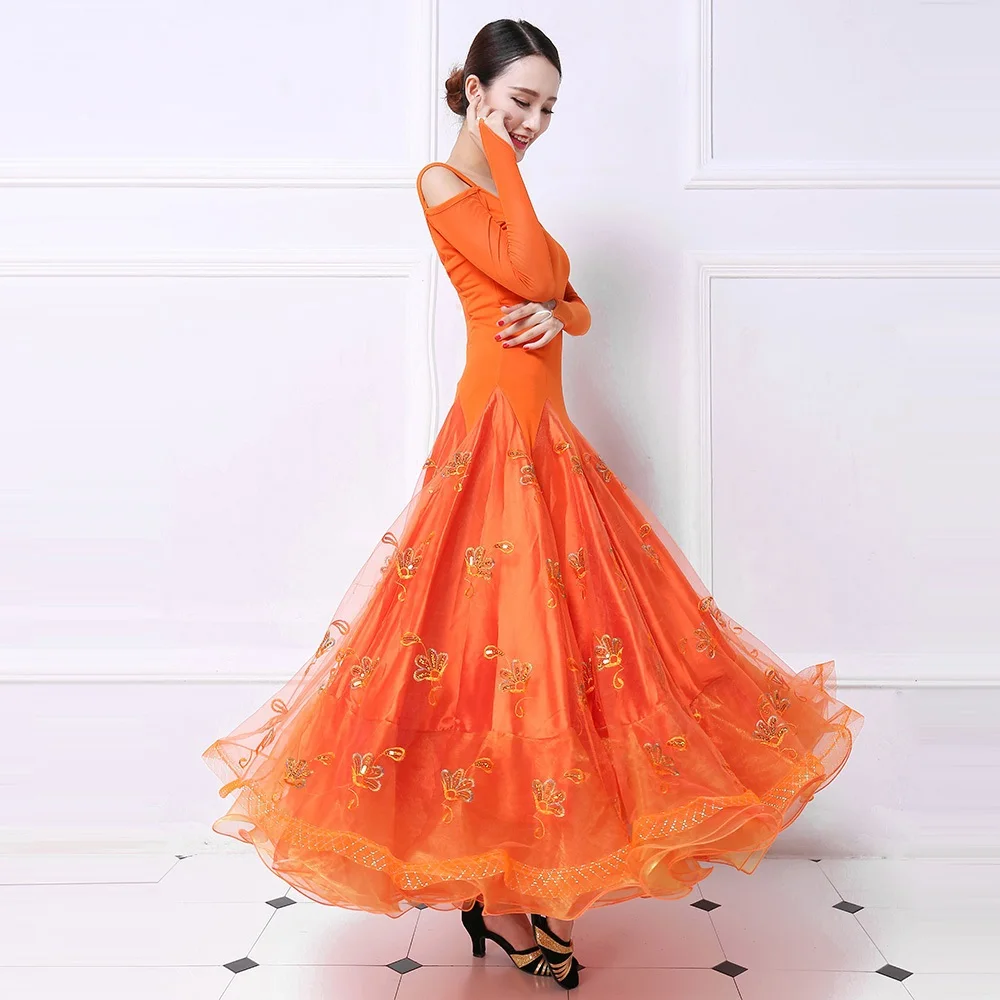 orange ballroom dress standard dance costume tango costumes viennese waltz big swing foxtrot | Тематическая одежда и