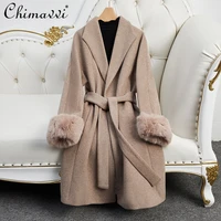 2021 autumn winter new woolen coat womens korean style overknee fox fur jacket female long sleeve casual warm overcoat