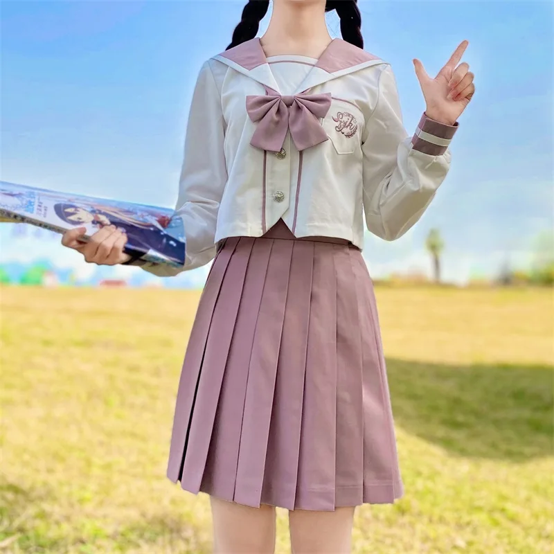 

[Zhi Lan Shan] NO Lapel lines Taro Pink Summer Navy Sailor Suit Tops Skirts Women JK High School Uniform Students Cloth