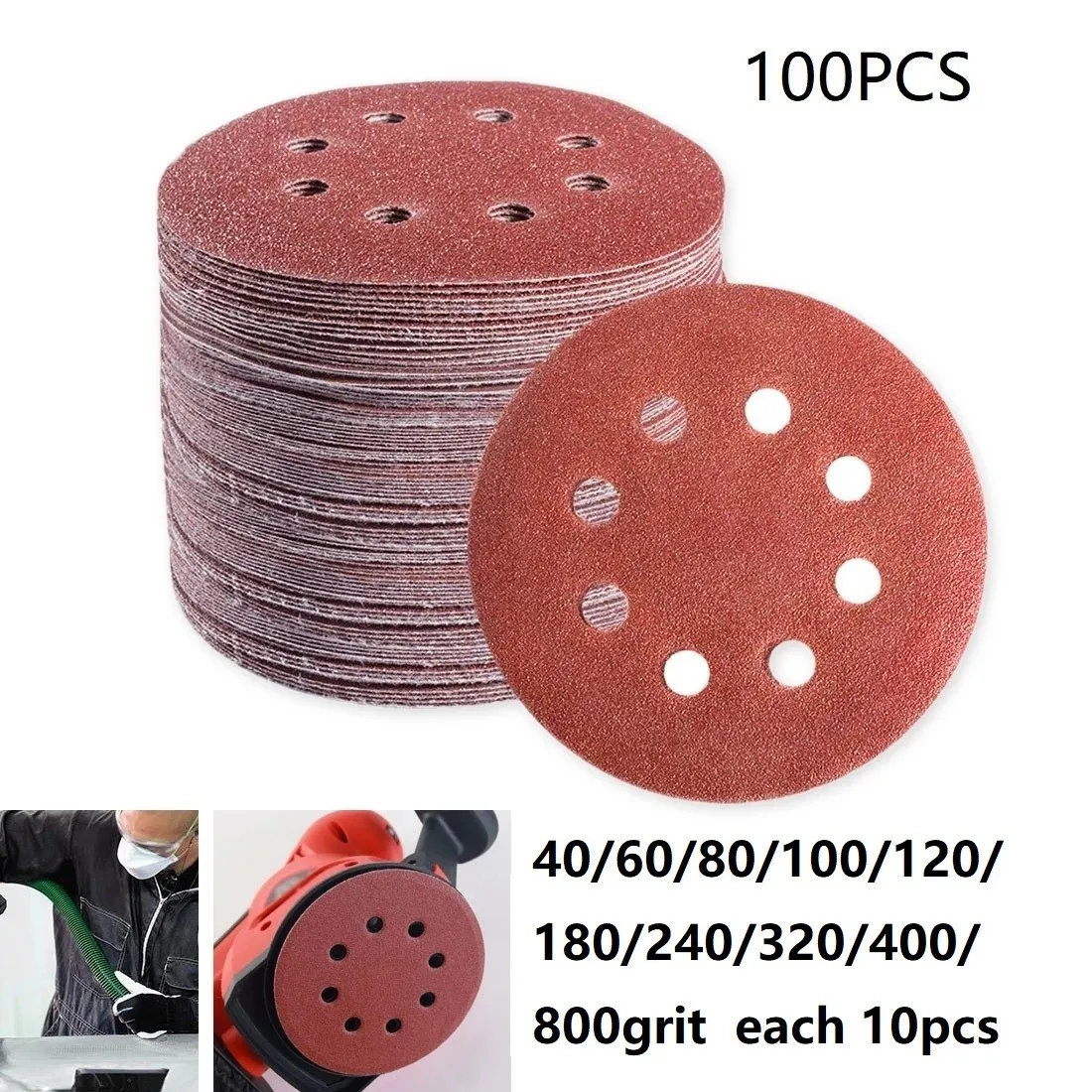 

100 шт., 125 мм/5 дюймов, 8 отверстий, Зернистость 40-