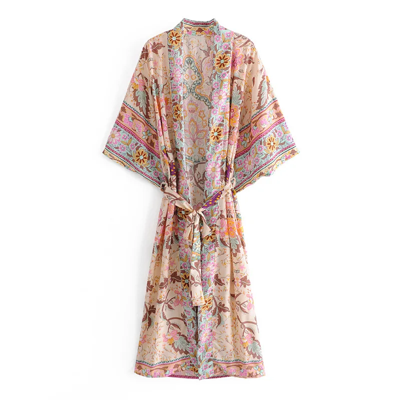 

Женское длинное платье-кимоно на завязках, длинное платье из искусственного шелка с V-образным вырезом и цветочным принтом, в богемном стиле...