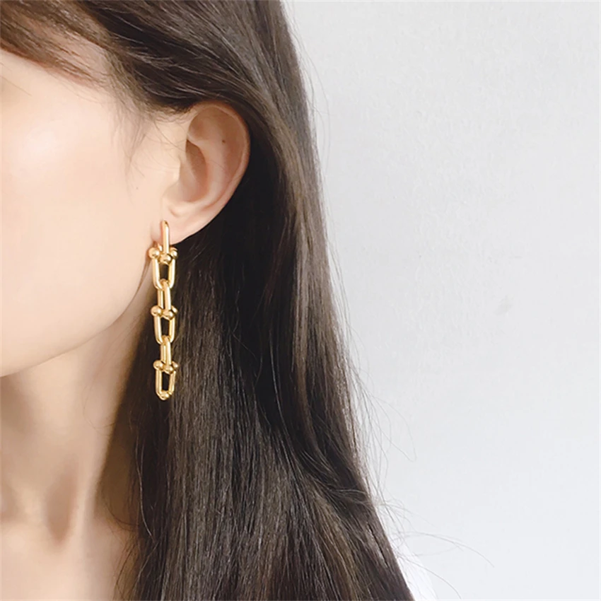 

S925 Sterling Silver Hardwear Series Classic Gradient U-Shaped Chain Stud Earrings Simple Temperament Hypoallergenic All-Match
