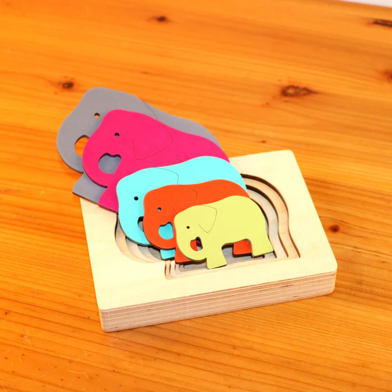 Деревянная головоломка с мультяшными животными пятислойная градиентная цветная