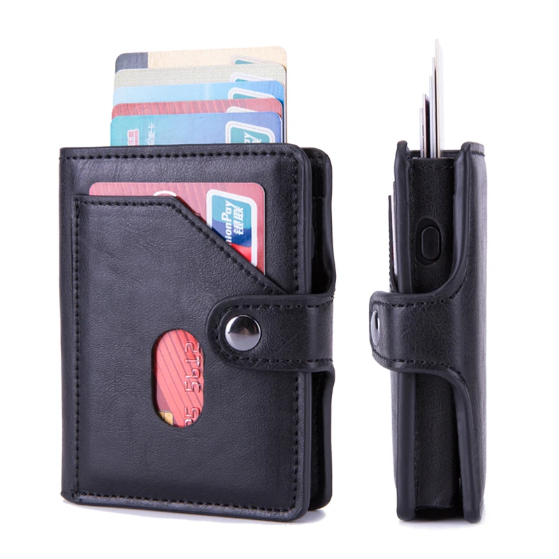 

Bycobecy Customized Name Wallet Pop-Up Credit Card Holder Aluminum Box Cards Case RFID Protection Leather Wallet for Men Women
