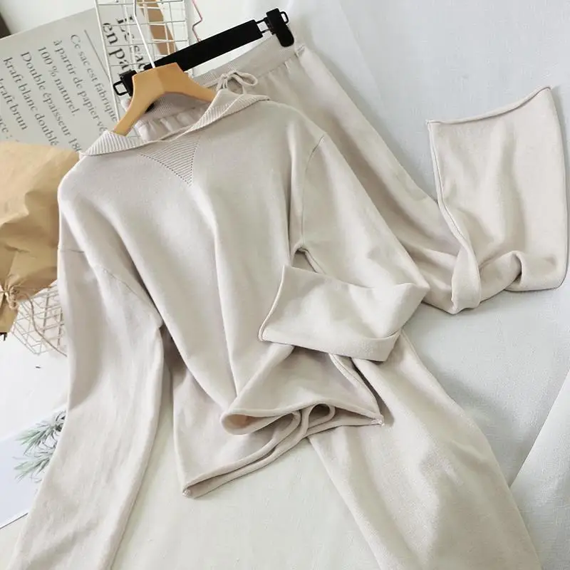 

2021 Autumn Winter Two Piece Set Pullover Hooded Sweater Women High Waist Knit Wide Leg Pants Women Suit 2 Piece Set Y200