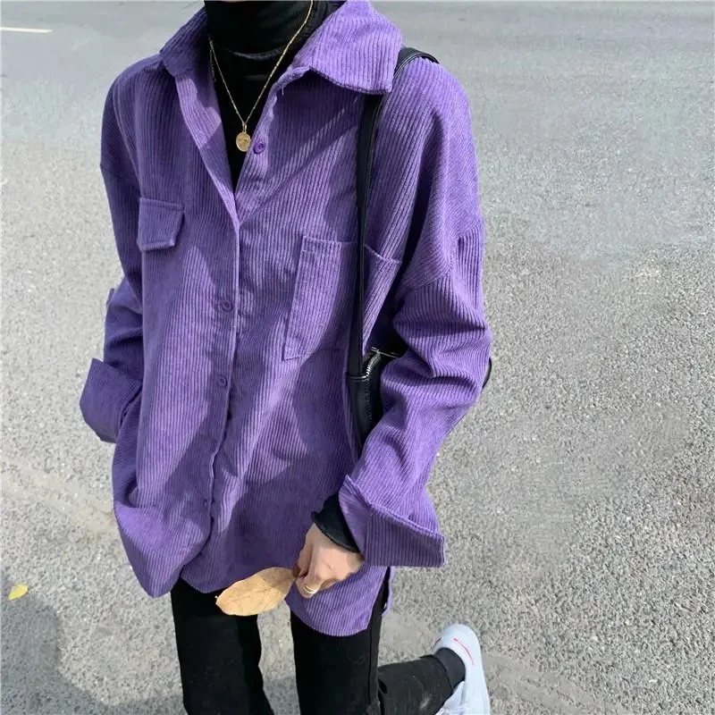 

Korean New Purple Corduroy Casual Women Shirts Long Sleeve Big Size Fashion Loose Tops Turn-Down Collar Office Lady Chic Blouses