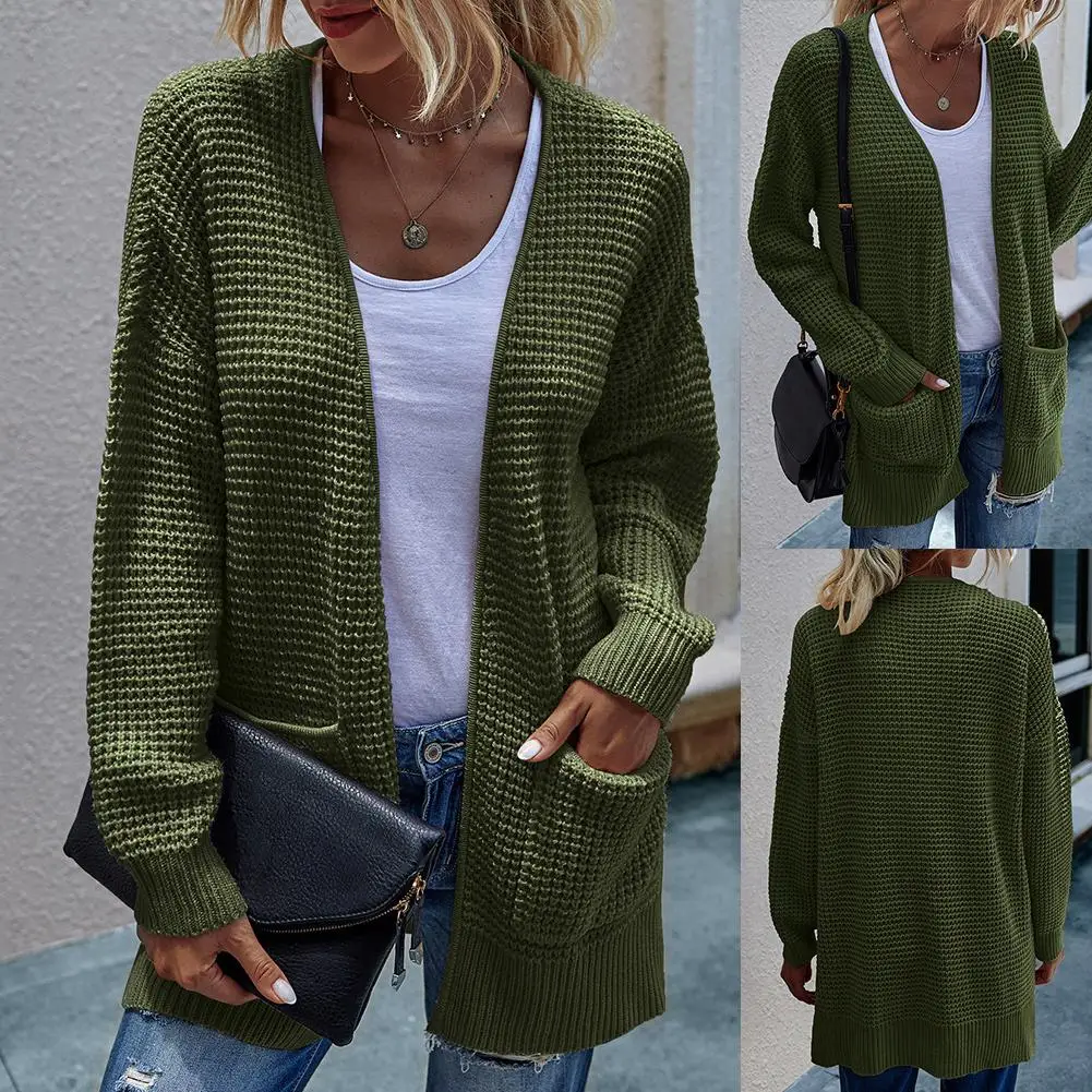 

Women Casual Long Sleeve Waffle Knit Open Front Cardigan Coat Pockets Sweater