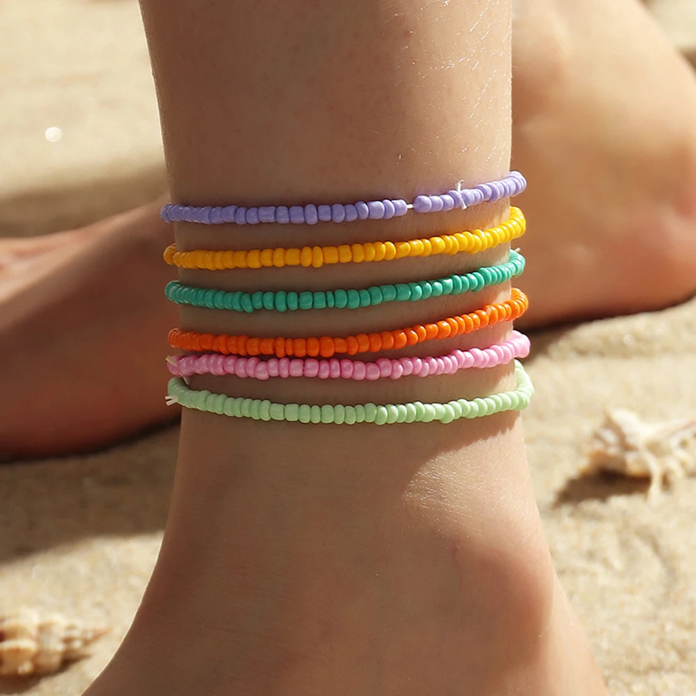 

Женский эластичный браслет на ногу, разноцветный регулируемый браслет ручной работы с круглыми бусинами в богемном стиле, ювелирные аксесс...