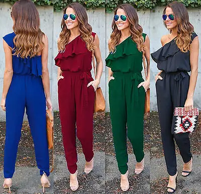 Женские свободные комбинезоны Длинные однотонные с коротким рукавом и оборками