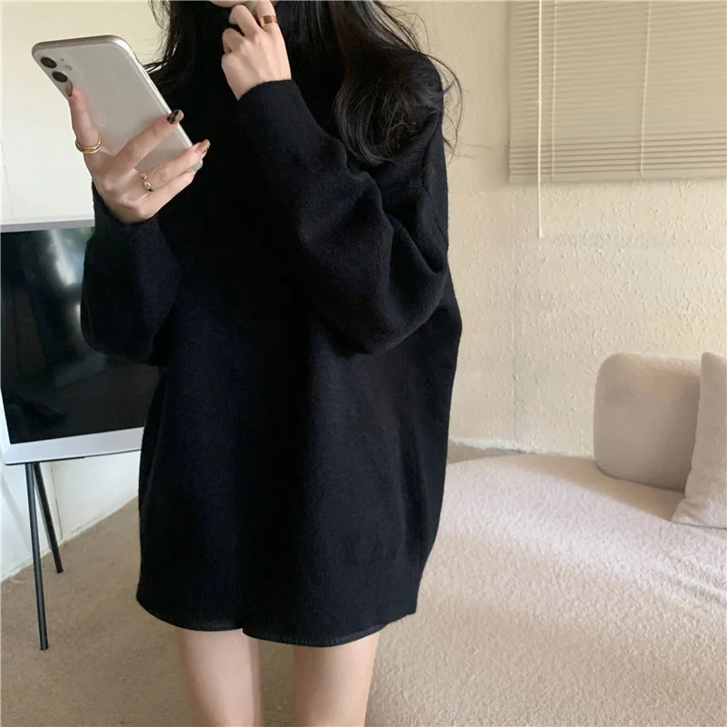 

Черный Свободный пуловер с высоким воротом, женский осенне-зимний Тонкий Универсальный мягкий восковой свитер