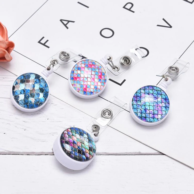 Design Retractable Nurse Badge Reel Clip High Quality Mermaid Scales Pattern IC Identification Card Plate Holder