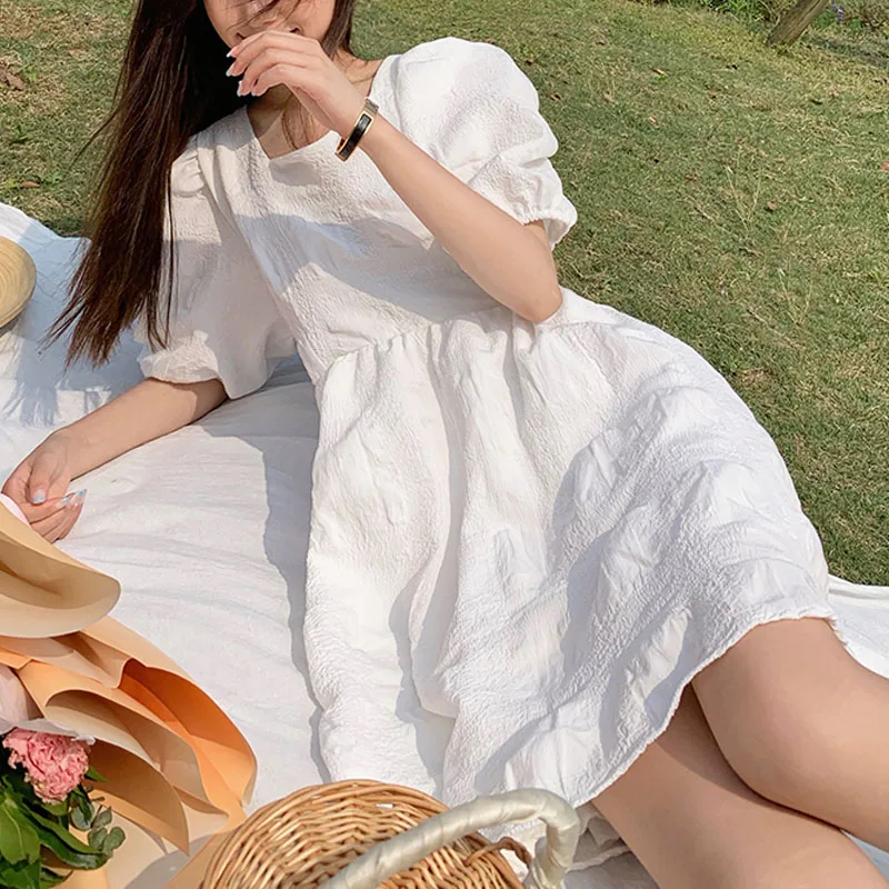 Square Collar Vingate White Dress Office Lady 2021 Summer Chic Korean Short Sleeve Elegant Dresses Women Casual One Piece Dress