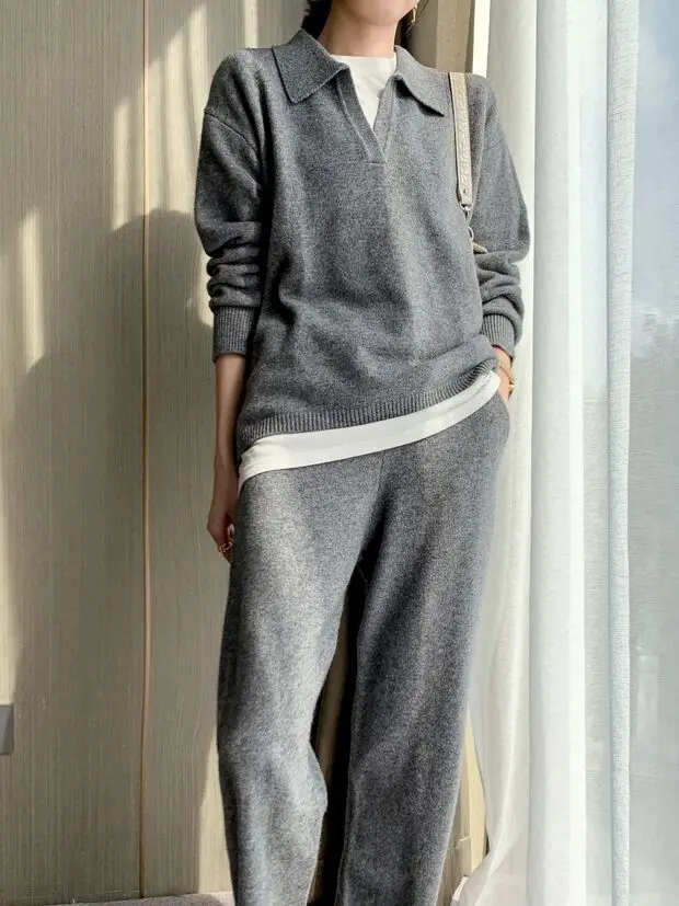 

Женский спортивный костюм из 2 предметов, однотонный вязаный Повседневный пуловер и прямые брюки из спандекса, Осень-зима 2021