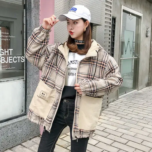 

Double faced coat female 2021 spring Korean loose fit female student BF Harajuku style hooded jacket Plaid top fashion