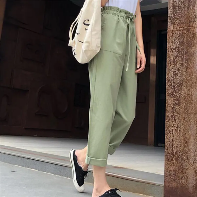 

Simple Women Pants High Elastic Waist Pants Ankle Length Haren Pants Casual Harajuku Spring Summer Long Thin Section Trousers