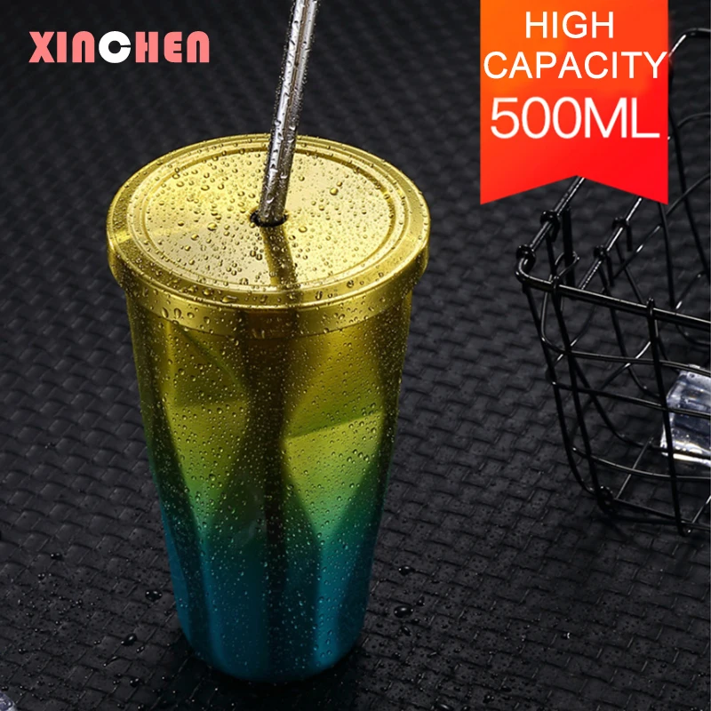 500 мл стакан из нержавеющей стали с соломенной горячей и холодной двойной стенкой