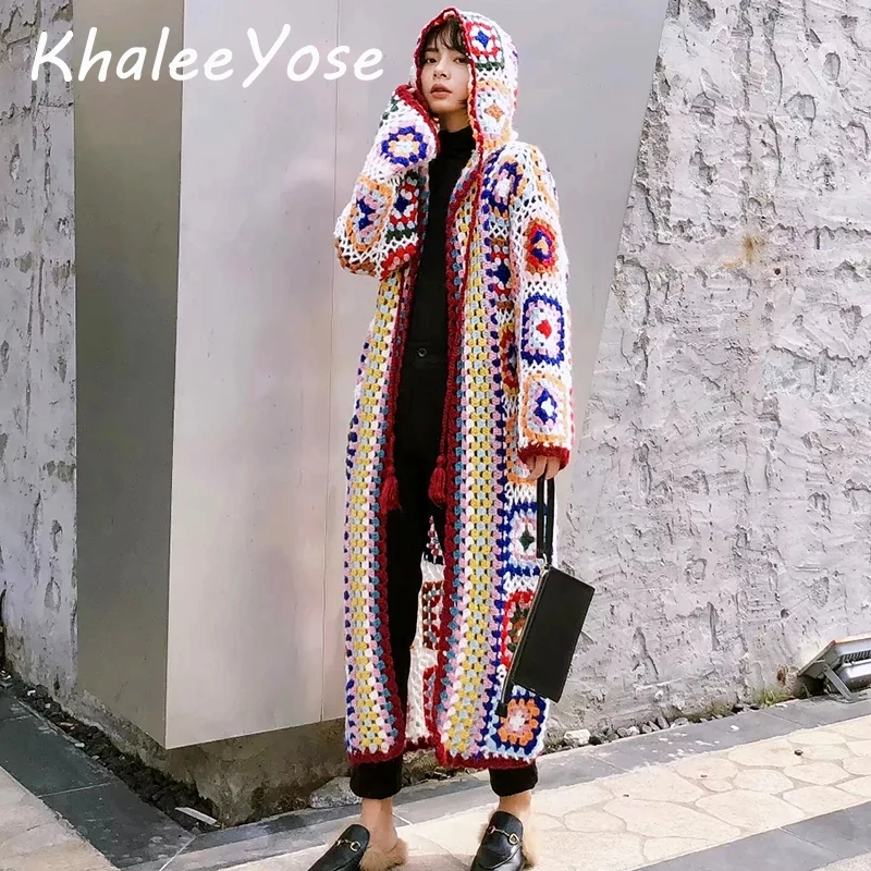 KHALEE YOSE/длинные вязанные свитера ручной работы Кардиган хиппи бохо шикарное пальто с длинными рукавами осеннее пальто из мохера в этническом стиле