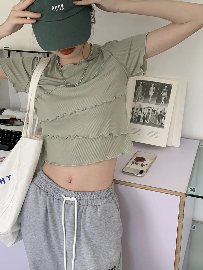 

Fashion Women Ruffles T-Shirt Bandage Short Sleeve Knitted Tee Tops Sexy Slim Striped Tee Shirt Casual Tops Multi-color 2021 New