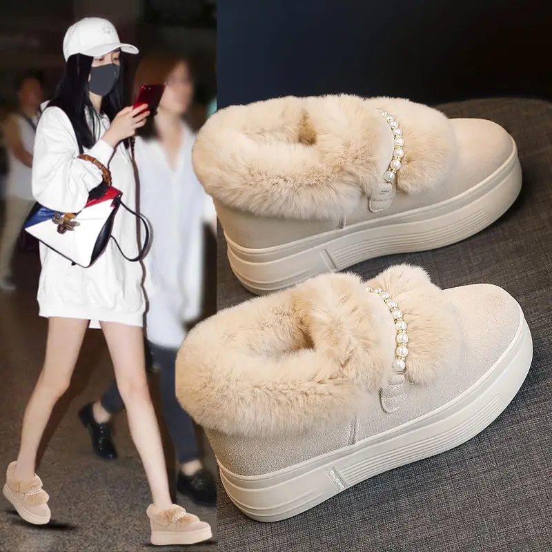 

2020 Snow Boots Woman,Women Plush Platforms,Winter Fur Shoes,Round toe,Thick Bottom,Female Footware BLACK,BEIGE
