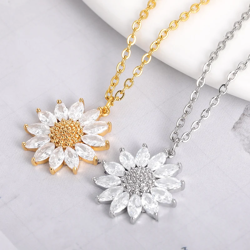 

Fashion Sunflower Necklace for Women Shiny Zircon Pendant Necklaces Gift Party collares Ketting Accessories Jewelry Wholesale