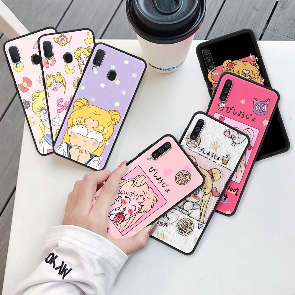 

Luxury Phone Case for Samsung Galaxy A50 A70 A10 A20e A30 A40 A20s M31 M51 M30s Black Soft Edge Cover Lovely Sailors Cute Moon