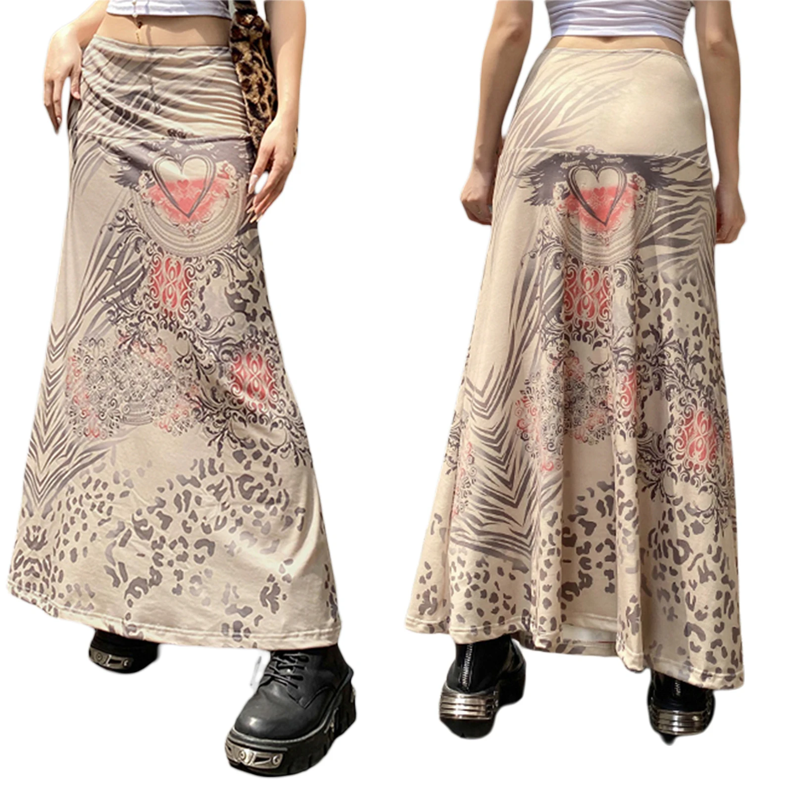

Women Retro Style Long Skirt, Khaki Heart Printed Pattern Low Waist Dress, S/ M/ L 2021 New Fahsion