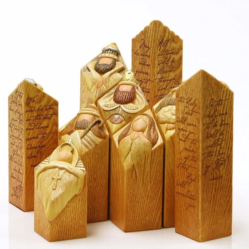 

T5EF 9Pcs Heaven Nativity Tree Pillar Statues Kit, Hand-Carved Nativity Figurines Resin Religious Tabletop Home Office Decors