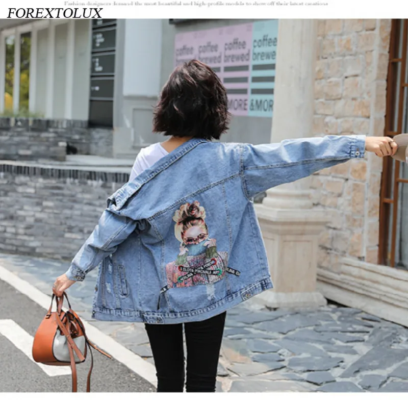 Женская джинсовая куртка Повседневная Свободная синяя на пуговицах с 3D принтом