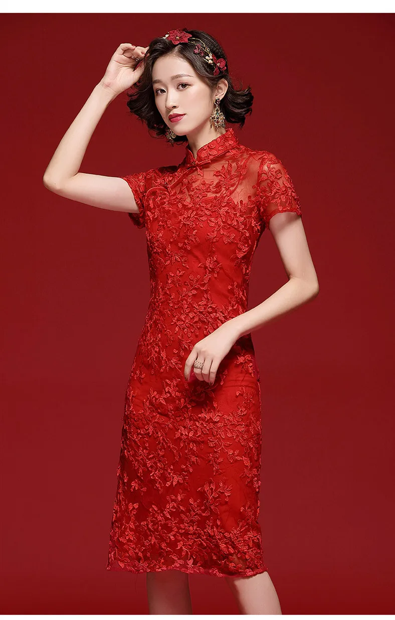 

Summer Chinese retro style mandarin collar slim flower embroidered two layer lace Cheongsam improved dairy dress for women