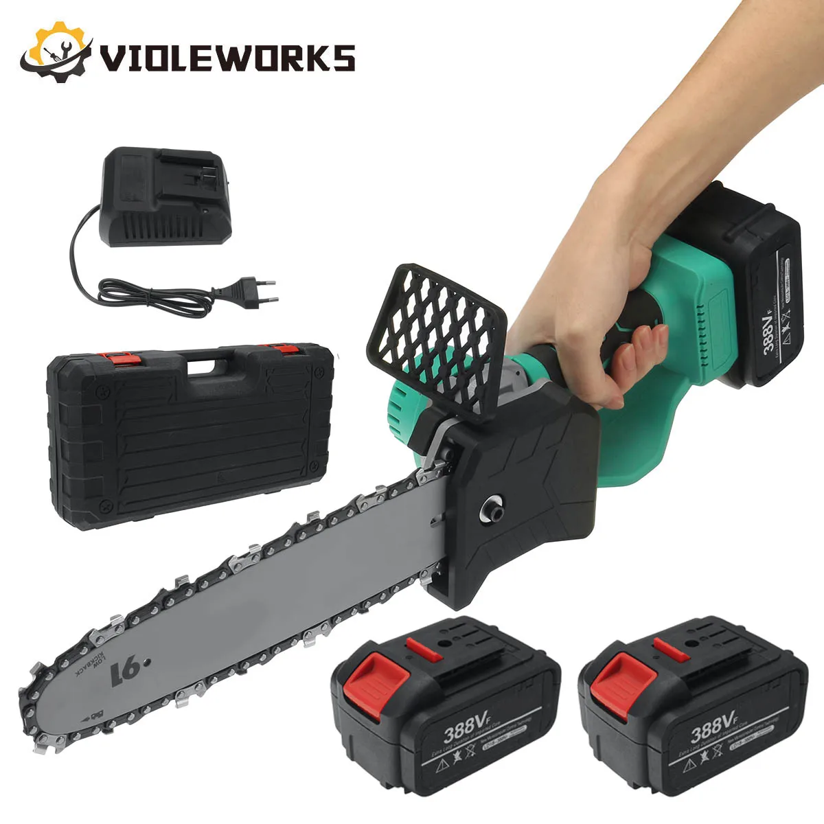 

10 Inch Cordless Electric Saw Chainsaw 2500W 388V With 2PC Li-ion Battery Brushless Motor Rechargeable Woodworking Tool EU Plug