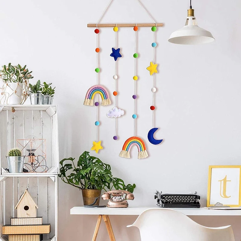 Rainbow Baby Room Decor Kids Bedroom Macrame Photo Display Colorful Ball Wall Hanging Organizer With 25 Wood Clips | Дом и сад