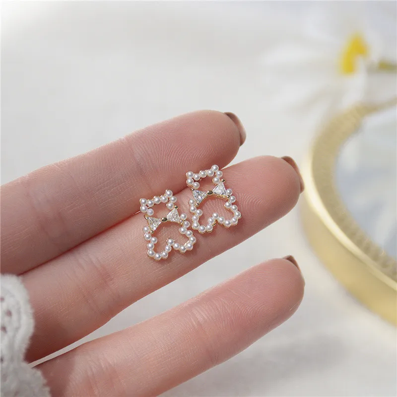 

14K Gold Inlaid Zircon Pearls Cute Bear Earrings Female Hypoallergenic Earrings for Women /children 925 Silver Jewelry