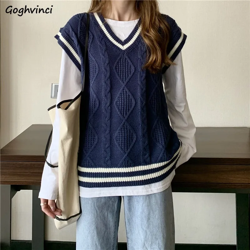 

Sweater Vests Women Tender Vintage Panelled Teens Knitted Stretchy V-neck Sleeveless Preppy Style All-match Cozy Fashion Simple
