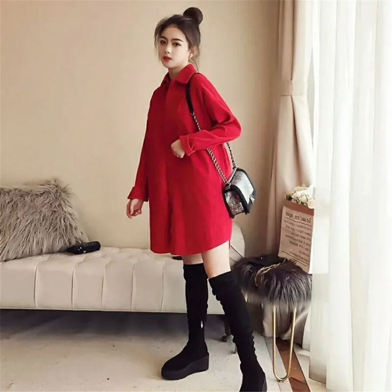 Куртка женская Вельветовая с воротником поло модная длинная свободная рубашка