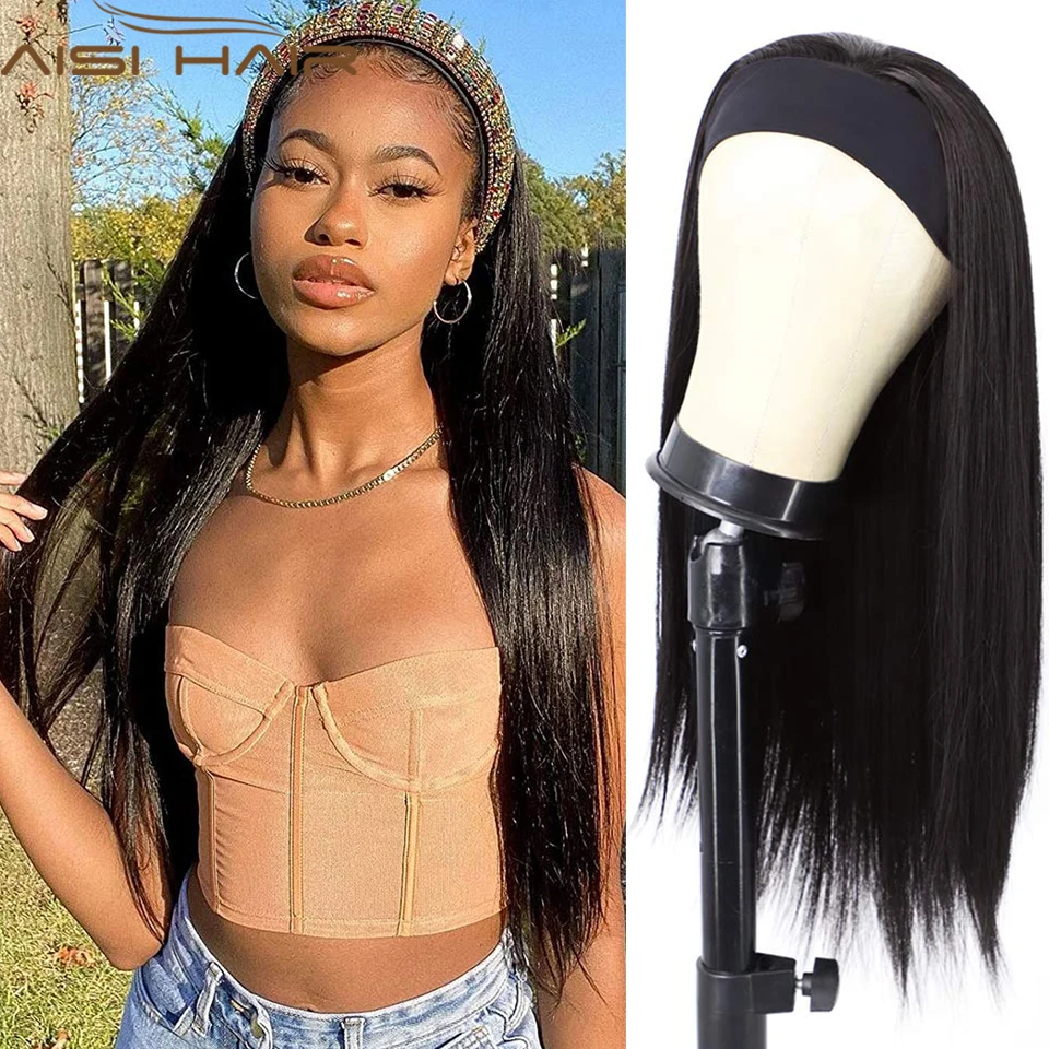 

AISI HAIR Long Straight Headband Synthetic Wigs for Women Natural Black Color Silky Straight Hair Wig with Headband for Daily Us